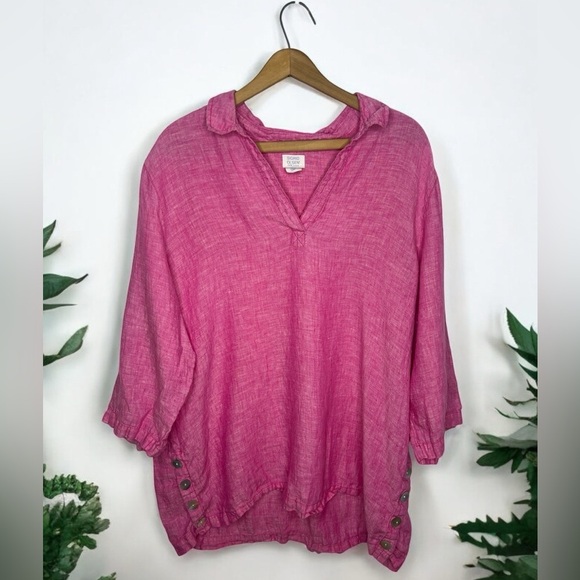 SIGRID OLSEN 100% Linen Pink Valentines Day Shell Button Popover V Neck Blouse - Picture 12 of 12